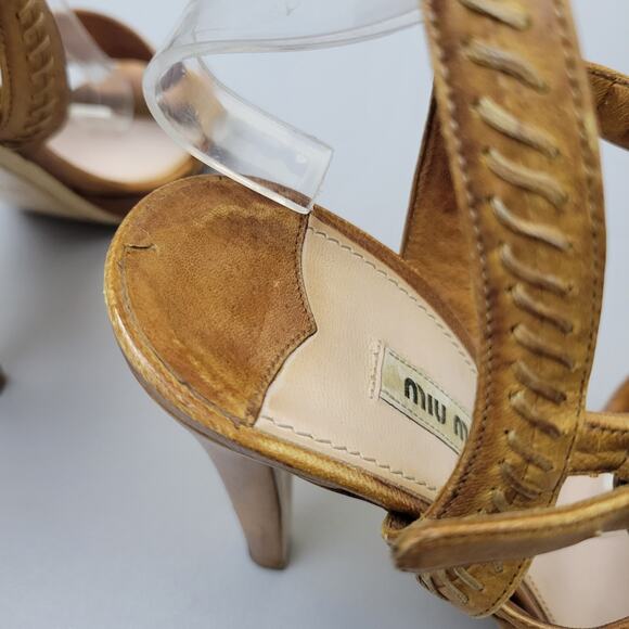 VTG Miu Miu Stilettos Leather Cognac Brown Open Toe Slingback Strappy Heels 10 - Picture 13 of 16